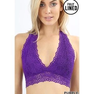 Plus Size Purple Lace Wireless Halter Bralette 3X